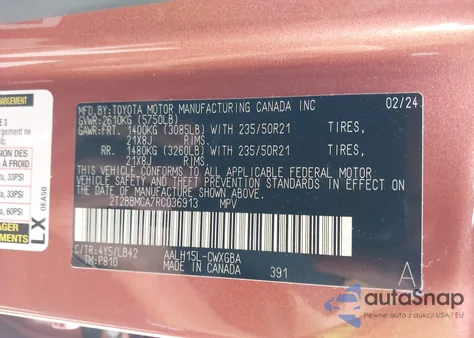 2024 Lexus Rx 350H Premium Plus z USA, uszkodzony, nr VIN 2T2BBMCA7RC036913